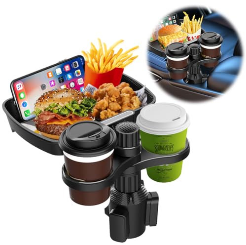 Meenewching Porte-gobelet de voiture, plateau de table, 3 en 1, porte-gobelet, adaptateur de voiture avec support de téléphone portable et plateau de nourriture amovible, table de voiture réglable à