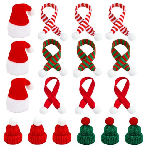 18 Stück Mini Weihnachtsmütze und Schal Set, Mini Weihnachtsmütze, Mini-Strickmütze des Weihnachten,Puppenzubehör,Nikolausmütze Klein für Weihnachten Weinflasche Abdeckung,Puppenhaus,Weihnachtsfeiern