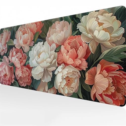 Gaming Mouse Pad 35.4x15.7x0.12 inch Extended Large Mouse Mat XXL Keyboard Desk Pad with Anti-Slip Rubber Base Soft Smooth Surface Improved Precision and Speed - White Pink Peony