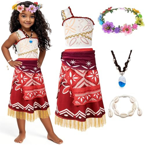 Tacobear Vaiana Costume Carnevale Bambina Costumi di Carnevale Vestiti Collana Vaiana Corona Bracciale Conchiglia Cosplay Compleanno Vestito Carnevale Bambina (120, 5-6 Anni)