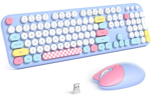 Atelus Clavier et souris sans fil, clavier de machine à écrire et souris en forme de chat mignon pour Windows 7/8/10, ordinateur portable, ordinateur de bureau, PC, ordinateur (bleu)