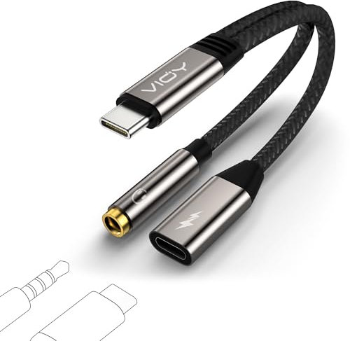 VIOY USB C to 3.5mm Headphone and Charger Adapter-2 in 1 Type C to Aux and Charger Splitter with PD 60W Fast Charging and Data Transfer for iPhone 16/15 Pro,iPad Pro,Samsung Galaxy S22 S21 S20,Pixel