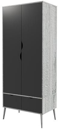 URBNLIVING 180cm Tall Freestanding Ash Grey Wardrobe with Black 2 Door 2 Drawer Modern Shelf Clothes Storage Scandi Legs Cupboards Hanging Rail Unit for Bedroom
