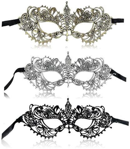 3 Pcs Masquerade Mask for Women,Lace Eye Mask,Black/Gold/Silver Sexy Masks for Women,Carnival Venetian Halloween Catwoman Masks Costume Accessories,Half Face Party Masks Adults/Ladies/Girls/Couples