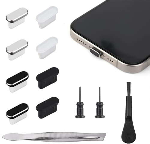 Gosknor 8pcs USB C Dust Plugs, Aluminum and Silicone USB C Port Covers with Cleaning Kits Anti Dust Charging Port Covers Phone Dust Plugs for iPhone 15 16 Series and All Type C Devices