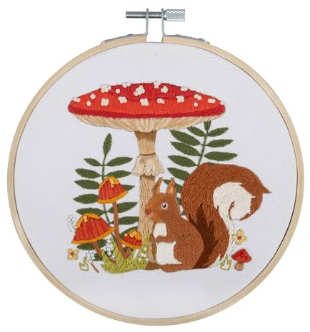 Trimits Embroidery Kits - 15cm 6 Embroidery Beginners Kit, Cross Stitch Kits for Adults, Starter Set with Bamboo Hoop, Fabric, Threads, Needle & Backing - Toadstool Squirrel