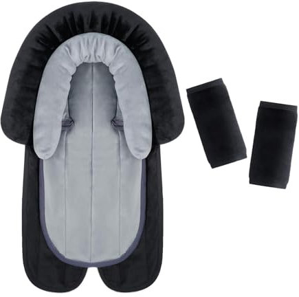 INFANZIA 2-in-1 Baby Sitzverkleinerer mit Gurtpolster Universal für alle Kinderwagen Buggy, Neugeborenen Einsatz, Kopfstütze für Babyschale und Autositze, Extra Weich(Schwarzes Set - Kurzflor)