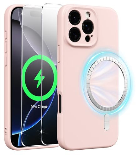 Xiltlly Coque Magnétique en Silicone pour iPhone 16 Pro Max 6,9 Pouces avec 2 Verre Trempé,Compatible avec MagSafe Aimants Intégrés,Étui Housse Antichoc Anti-Rayures Case pour iPhone 16 Pro Max,Rose