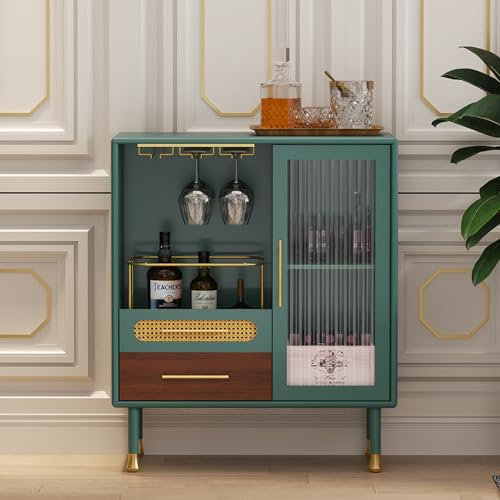 HOLTICO Drinks Cabinet, Green Coffee Bar Cabinet with Wine Glass Racks and 2 Drawers, Modern Wooden Buffet Sideboards for Living Room, Kitchen, Dining Room