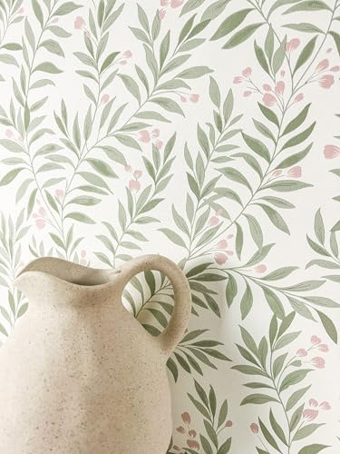 Newroom Vliestapete Grün Weiß Blätter Tapete Landhaus Schlafzimmer | Rankende Blätterzweige mit Blütenknospen, salbeigrüne Zweige altrosa Blüten, Mustertapete Blumentapete Wandtapete, Wohnzimmer