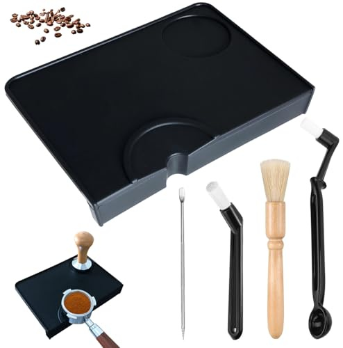 Tappetino in silicone con manico in legno + pennello lungo da caffè + pennello da caffè corto + penna estrattore con protezione bordi, accessori per macchine da caffè (20,5 × 15 × 3 cm)