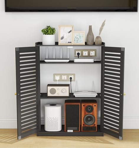WYJREES WiFi Router Storage Cabinet, Multi-Functional Router Storage Box, Double Deck Floor Standing Modem Cabinet, Wall Mountable Router and Modem Storage Box for Living Room, Office, Bedroom