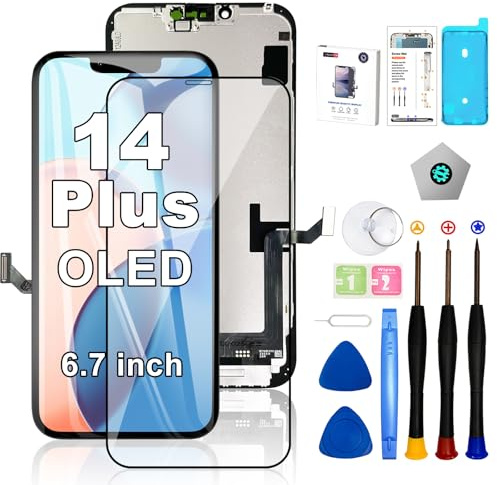 EFAITHFIX Ersatzbildschirm für iPhone 14 Plus, OLED [kein LCD] 17,5 cm (6,7 Zoll) Display, 3D-Touchscreen, FHD-Digitizer, Montage A2632, A2885, A2886, A2887, A2888, mit Reparaturwerkzeugen