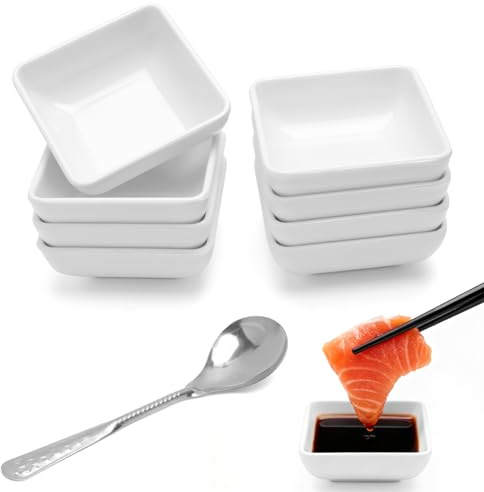 VQBKHO Lot de 8 Coupelles Carrées pour Sauces avec Cuillères en Acier Inox, Mini Coupelles Blanches en Mélamine Empilables pour Condiments Snacks Desserts Compatibles Lave-vaisselle Réutilisables