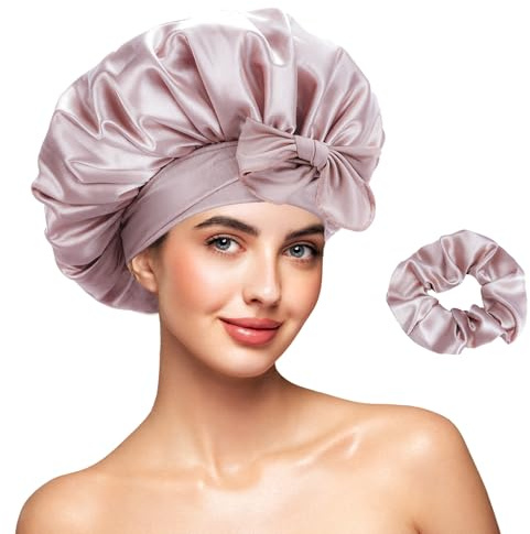 Galsangflower Satin Schlafhaube mit Scrunchy – Graue Rose Gold | Doppelschichtiges Satin, doppelseitig, extra groß für Locken & langes Haar – schützt vor Frizz & Haarbruch. Inkl. Scrunchy.