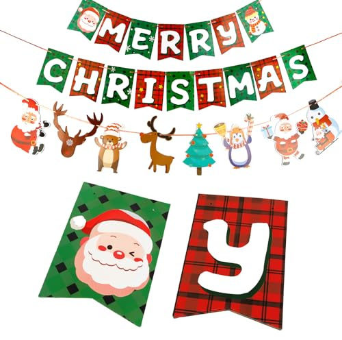 Norbiariz 2PCS Weihnachten Banner, Weihnachtsbanner für Party, Garten, Veranda & Decke, Weihnachten Deko mit Motiv von Santa, Rentier & Schneemann
