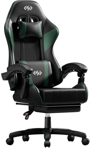 HLFURNIEU Silla Gaming Ergonómica con Soporte Lumbar, Negro y Verde | Silla Gamer con Reposacabezas y Reposapiés Retráctil, Cadeira Gaming con Altura Ajustable, Reclinable 90-135°