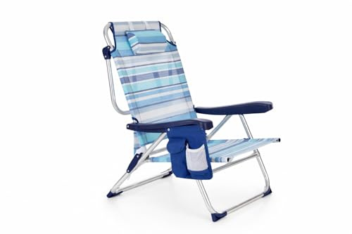 ARW - Silla de Playa Plegable con Bolsillo Lateral, 5 Posiciones Reclinables, Estructura de Aluminio Ligera, Cojín Reposacabezas, Asas Mochila y Cierre Clic, Soporta 110 kg (Rayas Azules 1 Unidad)