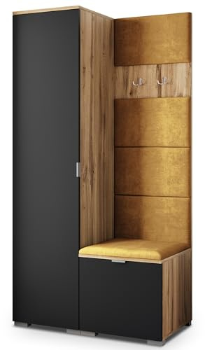 Masseno Flugarderoben Set Lori, Kleiderschrank-Set mit Sitzbank, Garderobenschrank Flur mit 3 Regalböden, Eiche Wotan/Schwarz