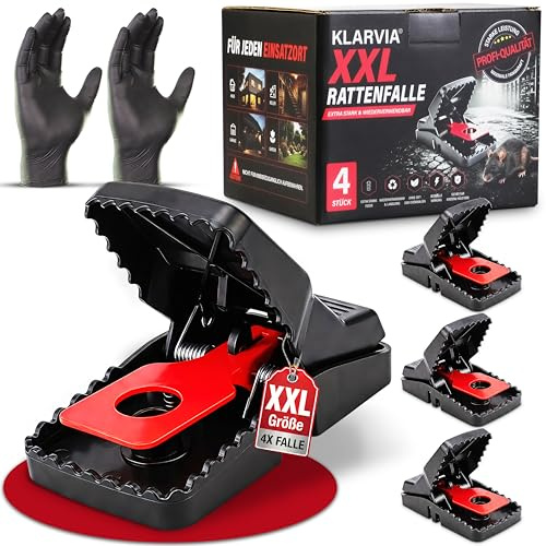 Rattenfallen Schlagfallen 4 Stück – Profi Rattenfalle, Extra stark, Wiederverwendbar, Ohne Gift, inkl. Handschuhe, Für Haus, Keller, Garage & Garten