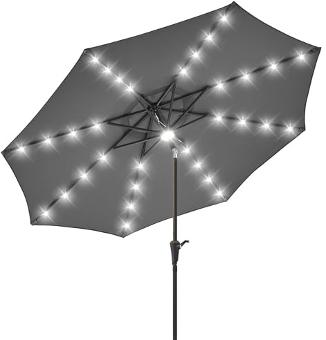 HELIORUSH Sonnenschirm 300 cm mit LED Solar Beleuchtung, 8 Robuste Rippen Marktschirm mit 30° Knickbar & Doppelnaht-Verstärkung, UPF 50+ Großer Gartenschirm für Terrasse Balkon Pool, Grau HPU103G