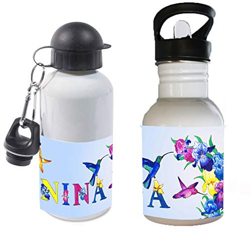 Trinkflasche mit Name/wahlweise 400ml, 500ml oder 600ml + Schriftwahl für Name + Edelstahl oder Aluminium (Kolibri)