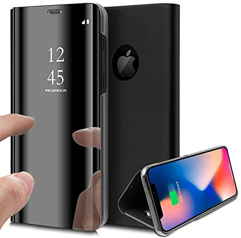 Herbests Hülle Kompatibel mit iPhone XS Max Spiegel Ledertasche BookStyle Handyhülle Brieftasche Glitzer Kristall Spiegel Hülle Mirror Case Leder Flip Tasche Lederhülle,Schwarz