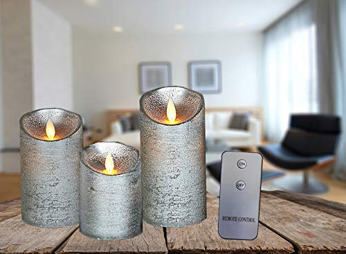 Coen Bakker 3er Set Kerze LED Echtwachskerze mit Fernbedienung Wachskerze viele Farben 10 cm + 12,5 cm + 15 cm Kerze Ø 7,5 cm flackender Docht Kerzen, Farbe:Silber