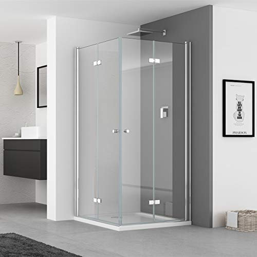 IMPTS Duschkabine Eckeinstieg 80x80 cm Doppel Falttür Falttürkabine Eckig Dusche 180º Duschwand Duschabtrennung 185cm,MIT Duschwanne
