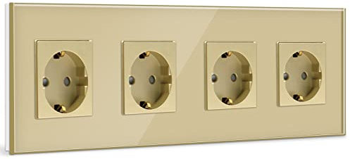 BSEED Prise Schuko 4 prises - Plaque en verre cristal - Prise Schuko - Quadruple - 16 A - 299 mm - Doré
