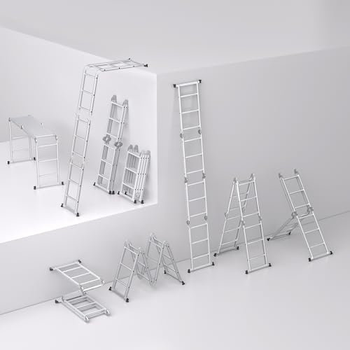 NAIZY Aluminium Mehrzweckleiter 470cm, 6 in 1 Multifunktionsleiter, Klappleiter mit 2 Rollen und Plattform, 4 x 4 Silber-Klappbare Vielzweckleiter bis 150KG