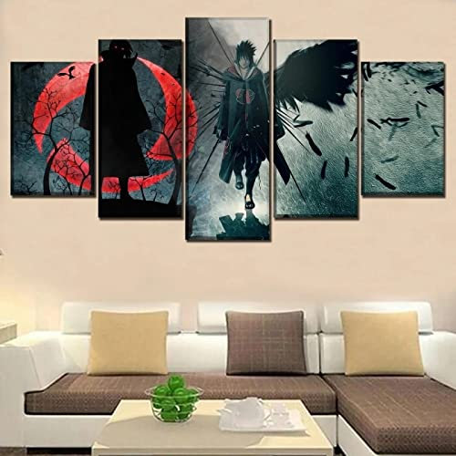 Wondbeau Leinwanddrucke Modulare Wandkunst Wandaufkleber 5 Teiliges Wandbild Druck auf Leinwand Malerei Moderne Abstrakte Poster Mit Rahmen L/150cm×80cm Uchiha Itachi,Uchiha Sasuke,Fesseln