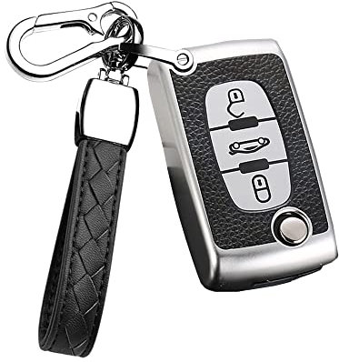HIBEYO Funda Plegable para Llave de Coche para Peugeot C1 C2 C3 C4 Berlingo para Peugeot 307 207 407 308 Mando a Distancia Caja de Llaves TPU Piel Textura 3 Botones Plata