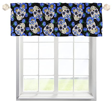 One Lover Totenkopf Blumen Scheibengardinen Bistrogardine mit Stangendurchzug Kurzstore Gardine Elegant Küche Gardinen für Wohnzimmer Schlafzimmer Kinderzimmer Multicolor 137x45cm,1 Stück