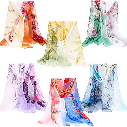 6 Stück Schals für Frauen Leichte Seide Sommer Blumendruck Muster Schal für Frauen Elegant Mode Lang Dünn Schal Schal, Eleganter Stil, Large