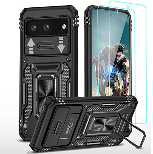 YmhxcY For Google Pixel 7a Case, With [Screen Protector Film*2] 360° Rotate Metal Stand,Slide Camera Cover,Sturdy Case[Military Grade] For Google Pixel 7a-Black
