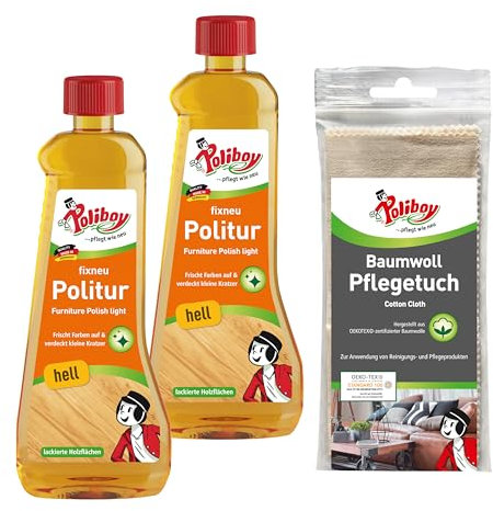 POLIBOY fixneu Politur hell - Möbelpolitur für helle lackierte Hölzer - farbauffrischende Holzpolitur - 2x 500ml - Mit Baumwolltuch - Made in Germany