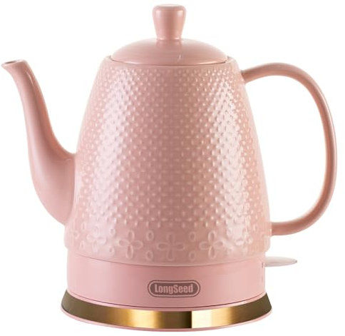 LONGSEED 1.2 Liters Ceramic Electric Kettle Pot, 1000W Boil Water Quickly and Easily with Boil-Dry Protection, Auto Shut Off, Detachable Swivel Base, Glazed Relief Carving