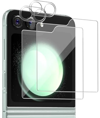 Phlleyaa Protector de Pantalla para Samsung Galaxy Z Flip 5,Cristal Vidrio Templado 2 Piezas y Protector de Lente de Cámara 2 Piezas,9H Anti-Rasguños para Galaxy Z Flip 5 Vidrio Templado