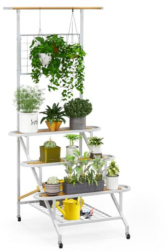 RELAX4LIFE Support de Plante Suspendu Intérieur, Étagère de Fleurs à 3 Niveaux avec Barre de Suspension, Treillis|Étagère Grillagée, Porte-Plante Haut Organisateur de Pots de Fleurs pour Intérieur Jar