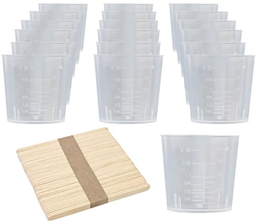 HugeDE 30 Pcs 2 Ounce 60ml Plastic Graduated Cups Clear Measuring Cups Transparent Scale Cups Epoxy Resin Mixing Cups with 50 Pcs Wooden Stirring Sticks for Mixing Paint Pigments