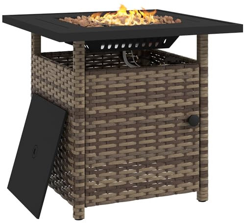 Outsunny Outdoor Rattan Gas Fire Pit Table, 50,000 BTU Square Garden Table with Fire Pit, Rain Cover, Spark Guard, Pulse-Ignition, Lava Rocks and Lid, 72.5 x 72.5 x 67.5 cm, Mixed Brown