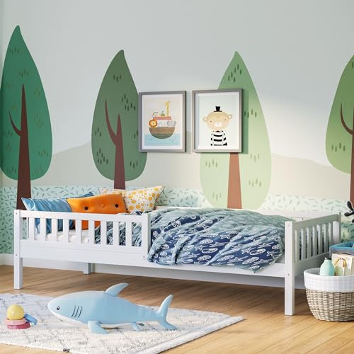 Bellabino Kinderbett Vils 90x200 cm, Einzelbett inkl. Lattenrost aus Kiefer Massivholz, Kinder Bett mit Rausfallschutz, Bett 90x200 in Weiß lackiert