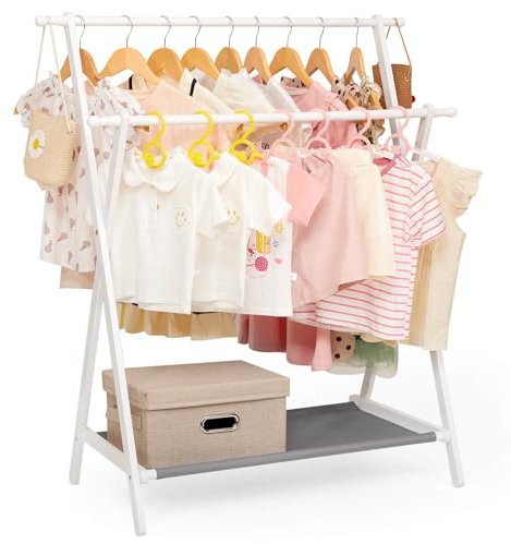 Yorbay Kinder Kleiderständer Bambus Garderobenstände Verstellbarer Doppelstange Kindergarderobe mit Etagen Lagerregal, platzsparender Kleideständer mit Kleiderstange for Schlafzimmer (Weiß)