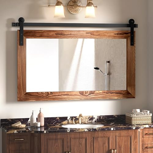 KOHROS Bauernhaus Scheunentürspiegel.41 x 26 Rustikaler Holz gerahmter Wandspiegel für Badezimmer, Wohnzimmer, Schlafzimmer Wanddekoration (braun)