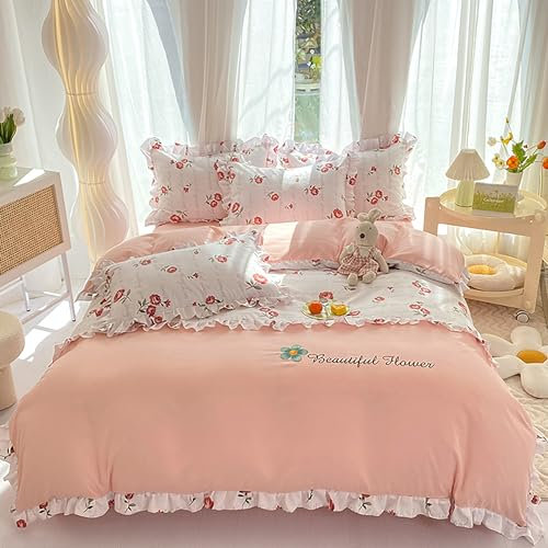 GETIYA Mädchen Damen Bettwäsche 135x200 Rot Blumen Bettwäsche Rosa Weiß Mikrofaser Bettwäsche Floral Muster Blümchen Bettbezug Einzelbett Romantisch Rüschen Bettwäsche mit 1 Kissenbezug 80x80