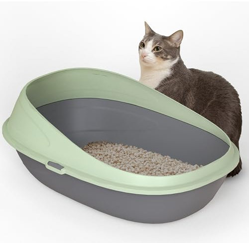 Pop-up Large High Sided Cat Litter Tray with Detachable Raised Rims, Anti-Spillage & Mess-Free Cat Toilet, (Linden Green, 59x39x23)