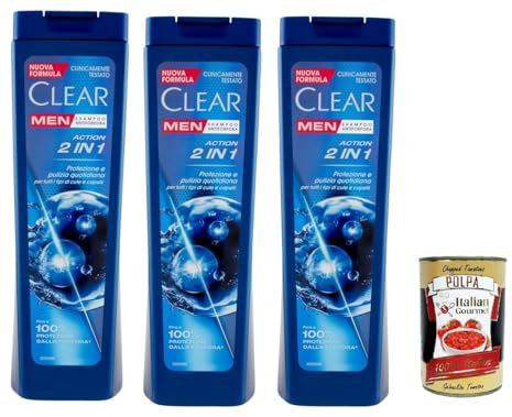 Clear ACTION 2IN1 Men Shampoo für alle Haar- und Kopfhaut Typen - Schuppen-Shampoo 3x 225ml + Italian Gourmet polpa 400g