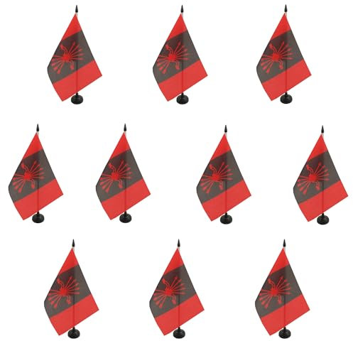 AZ FLAG – Lote de 10 banderas de mesa de falange española 21 x 14 cm – 10 pequeñas banderas nacionalistas guerra de España de oficina, 100% poliéster con zanja de 25 cm y base de plástico negro