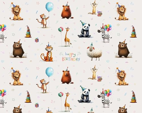 Keine Meterware, Stoffe zum Nähen, Stoff für Kinder, 100% Baumwolle: 1m Baumwollstoff mit Tiere - Wildtiere Kinderstoff zum Geburtstag - Löwe Tiger Bär - Happy Birthday
